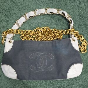 CHANEL Navy Denim Shoulder Bag with White Leather & Gold Chain